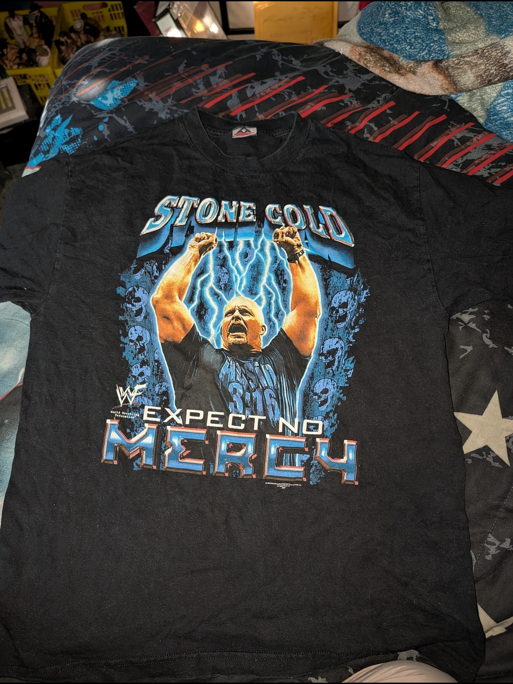 WWE Stone Cold Black Graphic Tee with Blue and Gold Print